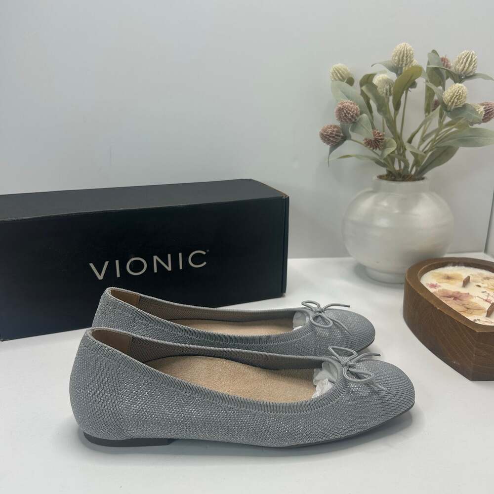 Vionic Klara Knit Square Toe Flats Light Silver Women's 6.5 Narrow Arch Support